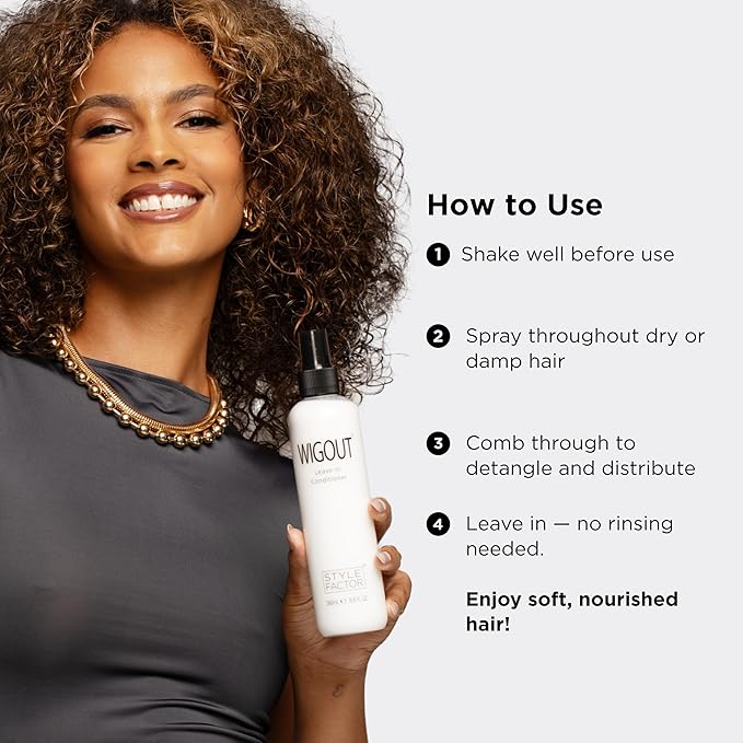Style Factor WIGOUT Leave-In Conditioner Spray – Lightweight Hydrating & Conditioning Mist Controls Frizz, Adds Shine & Softness For Dry Damaged Hair No-Rinse Formula for All Hair Types - White