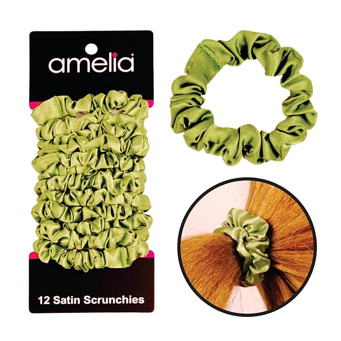 Amelia Beauty, Lime Satin Small Scrunchies, 12-Pack – No Damage Hair Ties for Women, Gentle & Durable Hair Accessories, 2.5in x 0.5in
