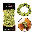 Amelia Beauty, Lime Satin Small Scrunchies, 12-Pack – No Damage Hair Ties for Women, Gentle & Durable Hair Accessories, 2.5in x 0.5in