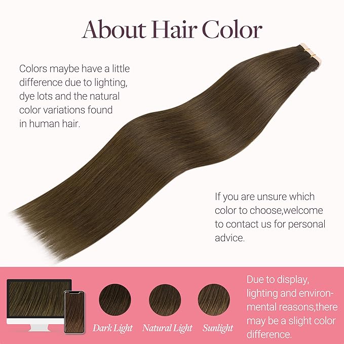 GOO GOO Tape in Hair Extensions Human Hair, #4H Light Chocolate Brown, 14inch 50g 20pcs, Skin Weft Seamless Invisible, Silky Straight with Thick Ends, Remy Human Hair