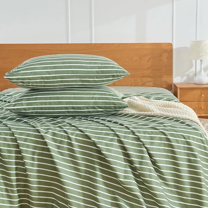 JELLYMONI 100% Natural Cotton Striped King Pillowcases Set, 2 Pack Green and White Stripes Pattern Printed Pillow Covers with Envelope Closure(Pillows are not Included)