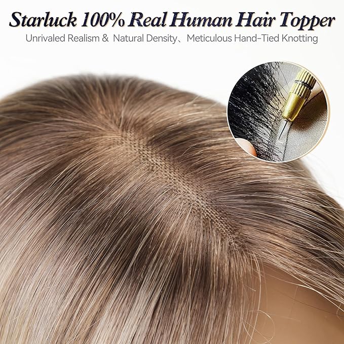 starluck Hair Toppers for Women Real Human Hair With Bangs, 100% Remy HumanHair Toppers for Women Hand-woven with Thinning,Cover Gray Roots,Adds Volume,Ombre Blonde