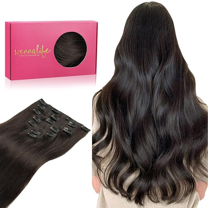 WENNALIFE Clip in Hair Extensions Real Human Hair, 24 Inch 140g 7pcs Remy Hair, Dark Brown Straight Natural Extensiones De Cabello Humano Con Clip Ins