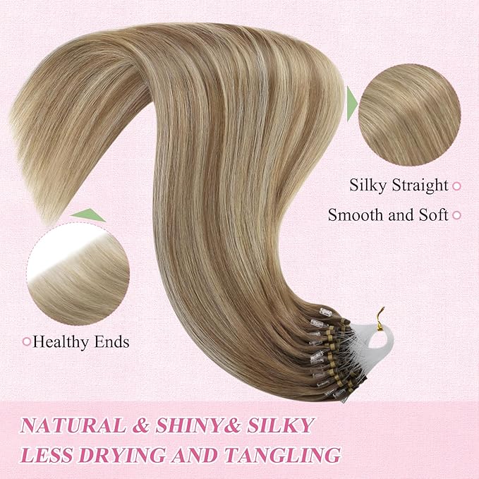 YoungSee Micro Link Hair Extensions Human Hair Balayage Blonde Micro Bead Hair Extensions Real Human Hair Light Brown Ombre Platinum Blonde Microloop Hair Extension 18In for Wedding 50g 50s