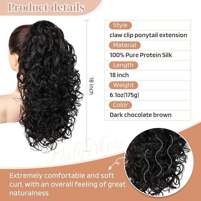 Flufymooz 100％ Pure Protein Ponytail Extension, 18 Inch Curly Claw Clip Ponytail Hair Extensions Natural Soft pony tail hairpiece for women-Dark Chocolate Brown