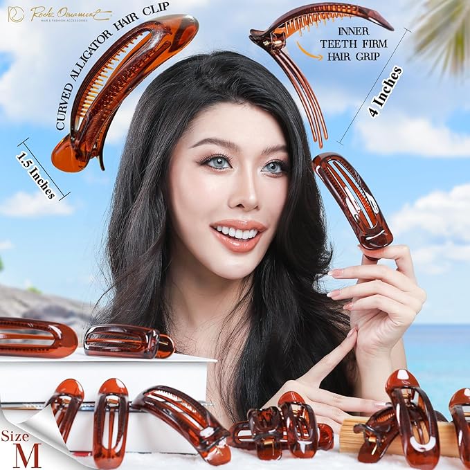 RC ROCHE 6 Pcs Flat Claw Hair Clips for Women Alligator French Barrette Long Thick Hair Duckbill Curved No Slip Grip Lay Flat Side Slide Firm Classic Styling, Medium Brown