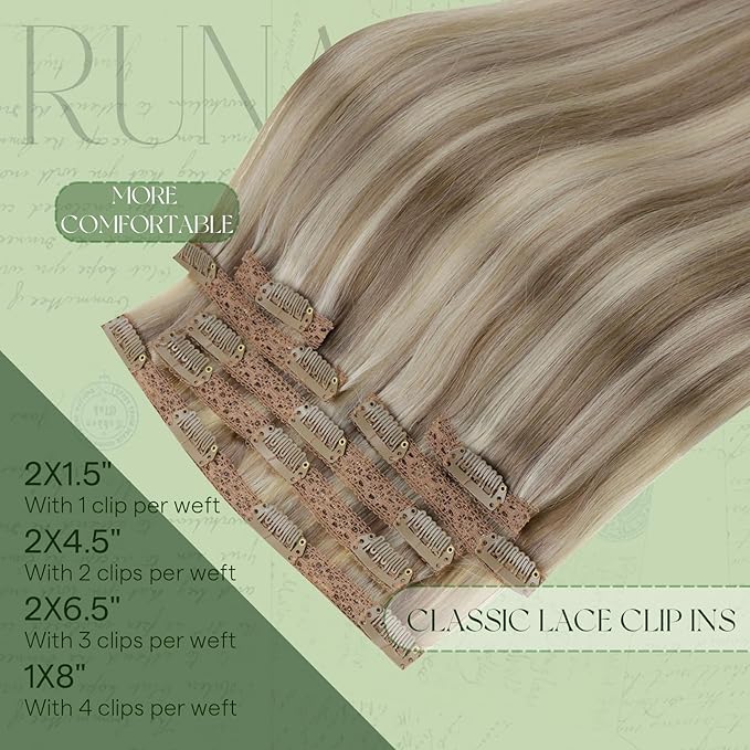 RUNATURE Human Hair Clip in Extensions 120g, Blonde Clip in Hair Extensions Real Human Hair, Thick Full Head, Easy to Apply, 14 Inch 7pcs #8P60 Ash Brown Highlight Platinum Blonde