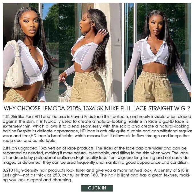 Lemoda Full 13x6 SKINLIKE Real HD Lace Frontal Wigs 210% Density 15A Straight 13x6 Full Lace Frontal Virgin Human Hair Wigs 22Inch Invisible 0.1mm Ultra-thin Knots Frayed Ends Lace Wig