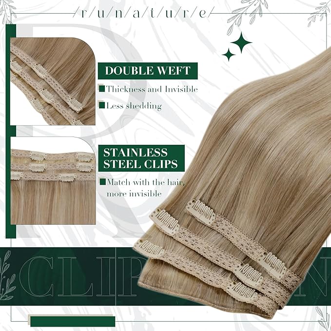 RUNATURE Clip in Hair Extensions Real Human Hair, Natural Hair Extensions Clip Ins, Remy Human Hair for Women Double Weft 18 Inch 50g 3pcs #16P22 Dark Ash Blonde Highlight Light Blonde