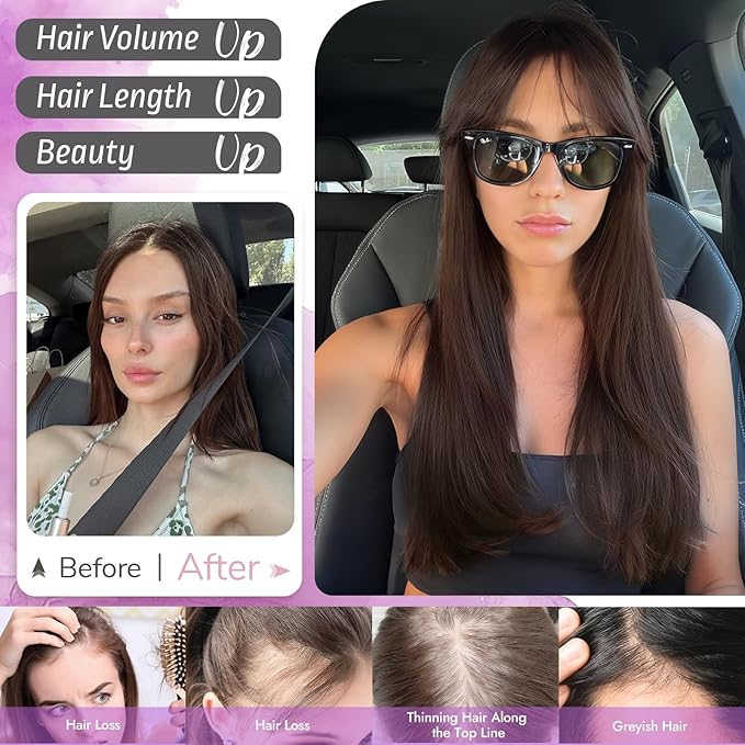 Hair Topper for Women Clip in Bangs – 18 Inch Medium Length Straight 360° Full Coverage Dark Brown,Synthetic Natural Looking Piece for Thinning Hair
