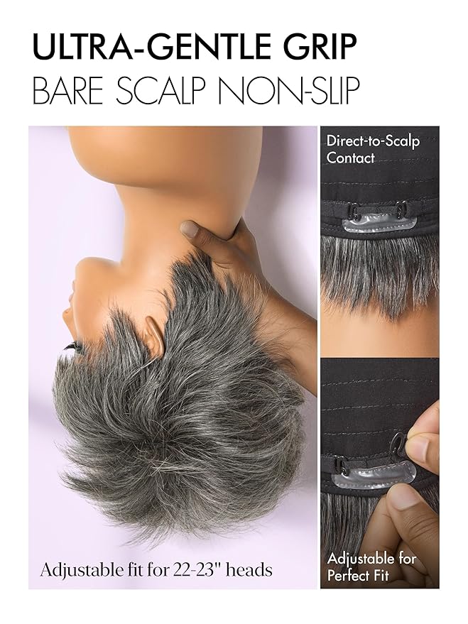 LUVME HAIR Ultra Comfort Salt & Pepper Gray Wigs Throw On & Go Short Pixie Cut with Bangs 5 Inches Skin Friendly Cotton Cap 100% Real Human Hair Glueless Wig Glueless Wig Hair Full Machine Made