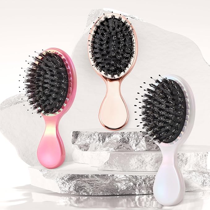 Mini Boar Bristles Hair Bursh, Travel Size Hair Brush for Women Men Kids, Protable Small Hair Brushes for Pockets Purses, Mini Hair Brush for Smooth Add Shine (1 Pack-White)
