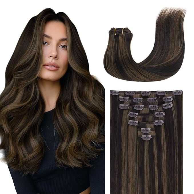 GOO GOO Clip in Hair Extensions Real Human Hair, Remy Human Hair Extensions Clip ins for Women, Natural Human Hair, 20inch 160g 7 Pcs, #2/6 Dark Brown Highlighted Chestnut Brown