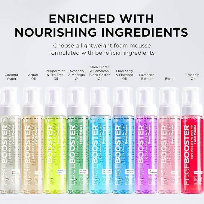 Style Factor EDGE BOOSTER Extra Shine & Moisture Rich Foam Mousse | Lightweight Styling for Curls, Waves, Braids, Locs & Protective Styles | Volume & Shine | With Rosehip Oil | 9 fl oz
