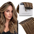 RUNATURE Real Hair Extensions Clip Ins, Brown Clip in Hair Extensions with Highlights, Double Weft Natural Hair for Women, Easy to Apply, 16 Inch 50g 3pcs #3P12 Brown Mix Blonde