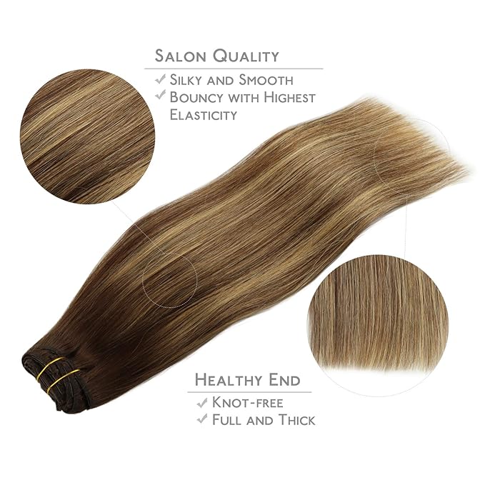WENNALIFE Clip in Hair Extensions, 150g 14 Inch 9pcs Balayage Chocolate Brown to Honey Blonde Human Hair Extensions Thicker Clip in Hair Extensions Real Human Hair Clip Set Double Weft