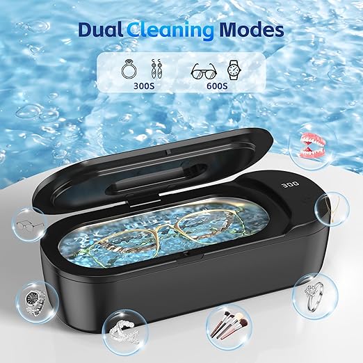 Ultrasonic Jewelry Cleaner, 48KHz Ultrasonic Cleaner Machine with Digital Timer, Dual Cleaning Modes, 304 Stainless Steel Tank for Jewelry, Eyeglasses, Rings, Retainers, Dentures Black