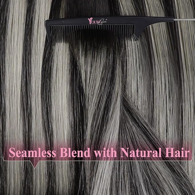 YoungSee Tape in Human Hair Extensions Ombre Black Tape Extensions Human Hair Off Black Ombre Sliver Balayage Tape-in Hair Extensions Real Human Hair 22 Inch 50g 20pcs Long Straight Hair