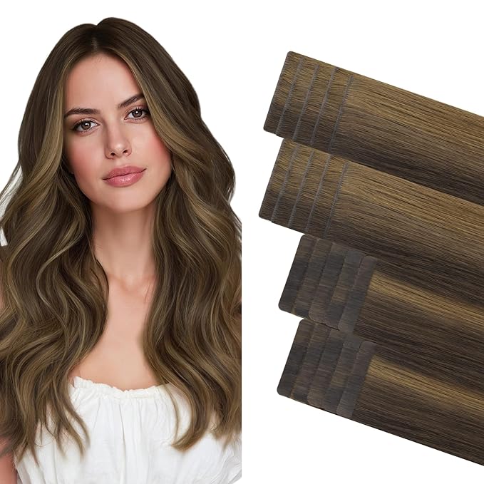 GOO GOO Invisi Edge Tape in Hair Extensions Human Hair, 2C/4E/6C Brown Sugar Swirl Highlights 10pcs injected with 10pcs classical tape ins, 14inch 50g, Virgin Remy Hair, Natural Look