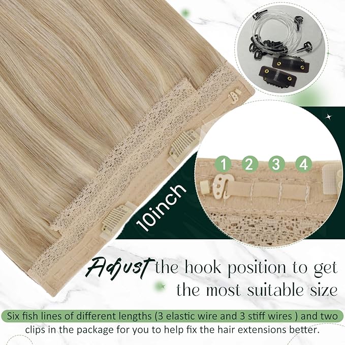 RUNATURE Invisible Wire Hair Extensions Real Human Hair with Transparent Wire, Fish Line Hair Extensions, Remy Soft Natural Hairpieces, Easy to Apply, 18 Inch 80g #16P22 Dark Ash Blonde Highlights