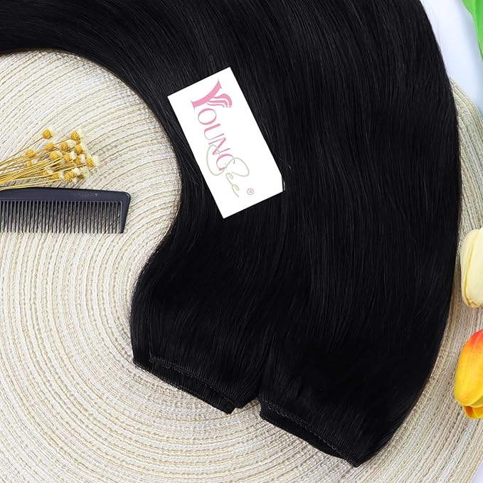 YoungSee 130G Wire Hair Extensions Real Human Hair Black Wire Hair Extensions for Women Jet Black Headband Hair Extension Human Hair 22inch