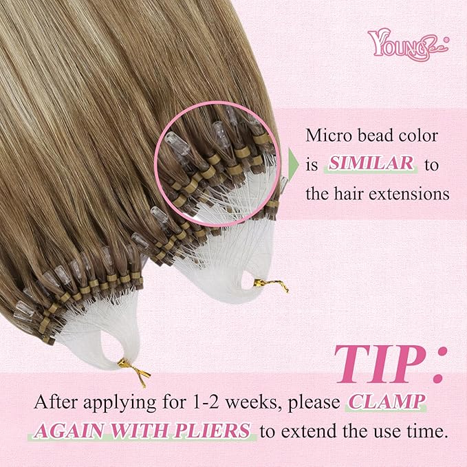YoungSee Micro Link Hair Extensions Human Hair Balayage Blonde Micro Bead Hair Extensions Real Human Hair Light Brown Ombre Platinum Blonde Microloop Hair Extension 18In for Wedding 50g 50s