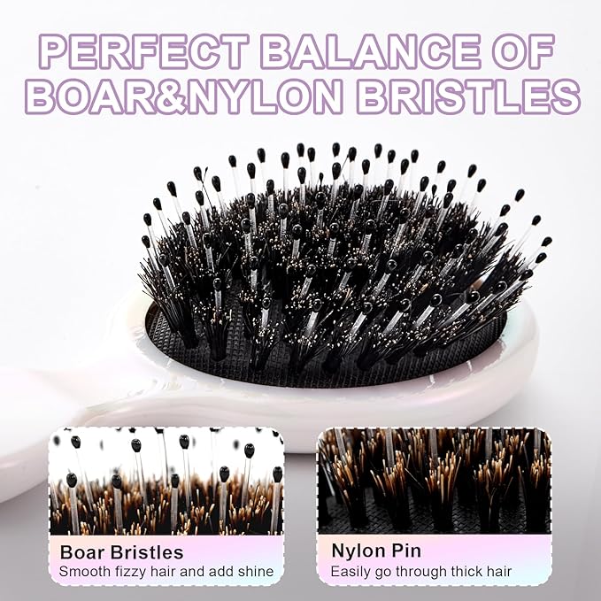 Mini Boar Bristles Hair Bursh, Travel Size Hair Brush for Women Men Kids, Protable Small Hair Brushes for Pockets Purses, Mini Hair Brush for Smooth Add Shine (1 Pack-White)
