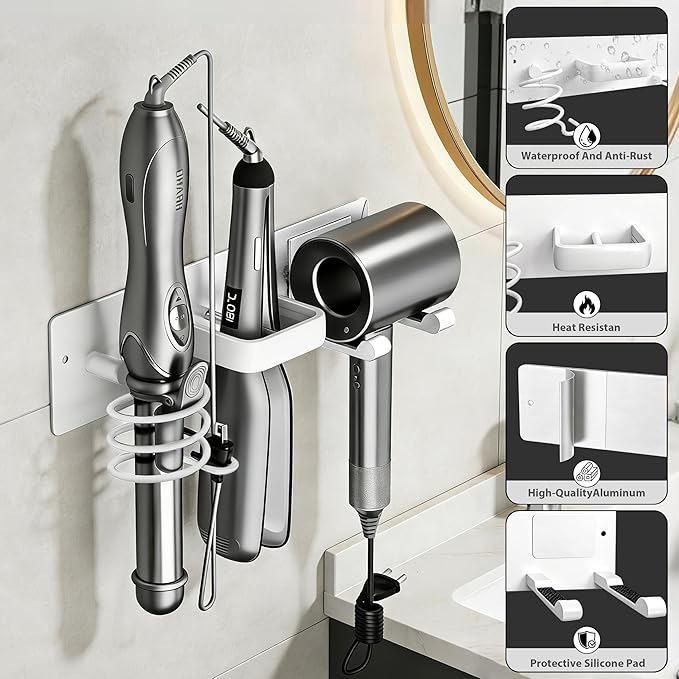 Hair Dryer Holder Blow Dryer Holder for Wall Mount Curling Iron Holder Flat Iron 3 in 1 Bathroom Hair Tool Organizer Rack White
