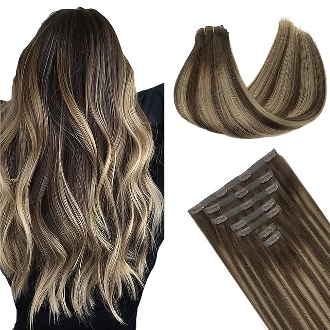 GOO GOO Clip in Hair Extensions Real Human Hair, Remy Human Hair Extensions Clip ins for Women, Natural Human Hair, 24inch 140g 7Pcs, #4/26/4 Balayage Chocolate Brown to Honey Blonde