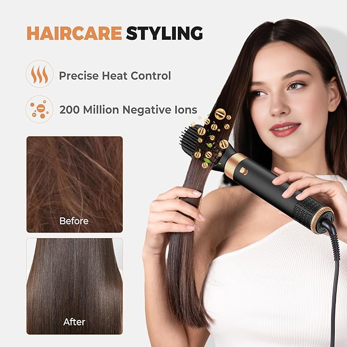 6 in 1 Blow Dryer Brush Set,Hot Air Styler Negative Ion Air Curling Wrap Air Curler, Round Brush Blow Dryer Curling Iron Hair Styling Tools Gift for Dry,Volumize, Straight,Curl,100-120V
