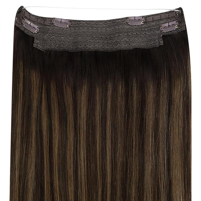 YoungSee Wire Human Hair Extensions Brown Wire Hair Extensions Human Hair Balayage Darkest Brown with Medium Brown Fish Line Hair Extension Real Human Hair 80G 16In
