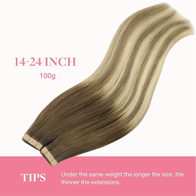 GOO GOO Tape in Hair Extensions Human Hair, 3/8/613 Walnut Brown to Ash Brown and Bleach Blonde, 14inch 100g 40pcs, Skin Weft Seamless Invisible, Silky Straight with Thick Ends, Remy Human Hair