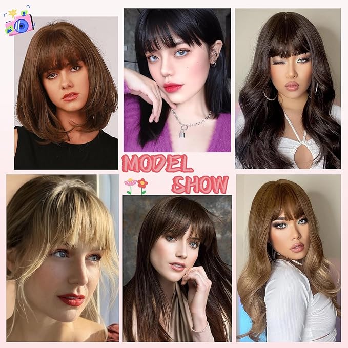 NAYOO Bangs Hair Clip- Brown Fake Bangs 100% Real Human Hair Extensions French Bangs for Women Fringe with Temples Hairpieces Curved Bangs for Daily Wear