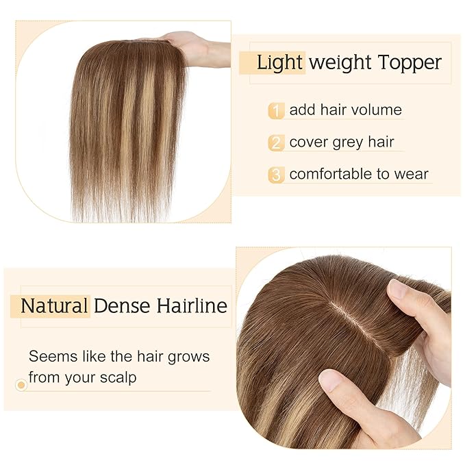 SEGO Hair Toppers for Women Real Human Hair, 7 * 13CM Silk Base 100% Remy Clip in Top Wiglet Hairpieces, Top Pieces Add Volume -12 Inch 4T4P27