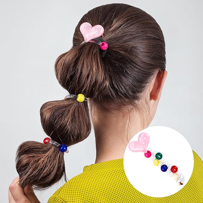 4PCS Star Heart Spiral Hair Ties with Beads, 2 Colors Star Heart Bead Phone Cord Ponytail Holders for Women, Elegant Rubber Hair Coils, Stylish Hair Accessories for Party, Daily Use