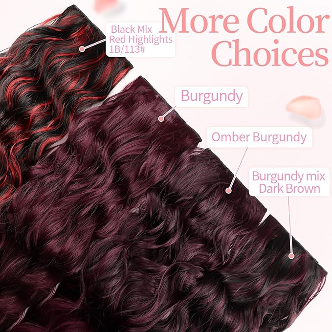 KooKaStyle Burgundy Clip in Hair Extensions for women Synthetic Heat Resistant 4PCS Thick Long Wavy Hairpieces 24 Inch