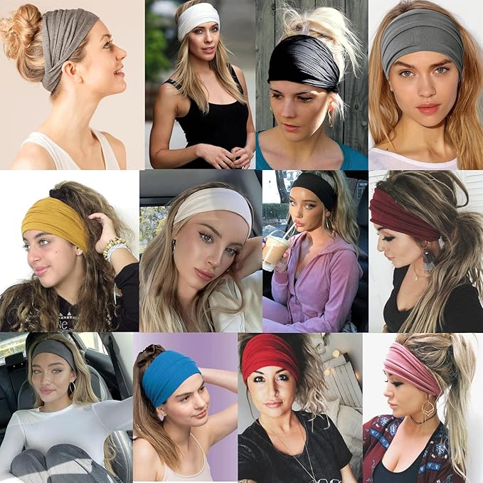 Thick Elastic Cotton Headbands - Non-Slip, Fashion Head Bands in Black, White, and Gray for Women's Sports and Hair Styling