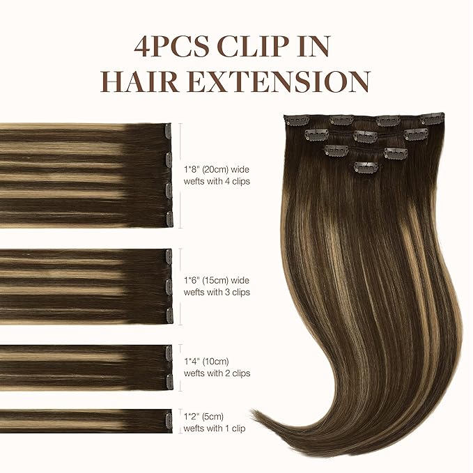 GOO GOO Clip in Hair Extensions Real Human Hair, Remy Human Hair Extensions Clip ins for Women, Natural Human Hair, 18inch 70g 4Pcs, 4/27/4 Balayage Chocolate Brown to Caramel Blonde