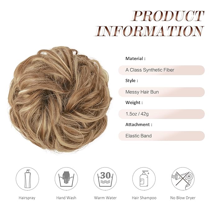 FESHFEN Messy Bun Hair Piece - Elastic Wavy Curly Hair Bun Scrunchies Extensions Synthetic Chignon Hairpieces for Women, Light Brown & Mixed Blonde 1.5 oz