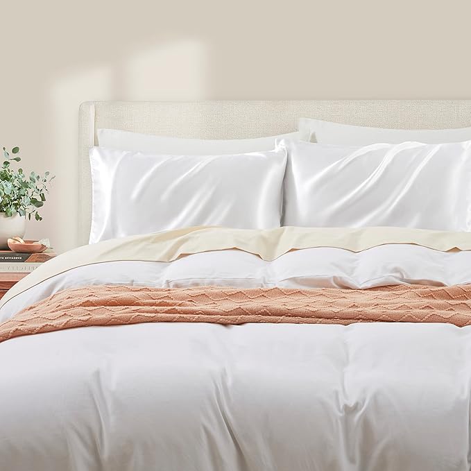White Satin Pillowcases Queen Size Set of 2 for Hair and Skin,White Silk Pillowcase Breathable Pillowcase with Envelope Closure