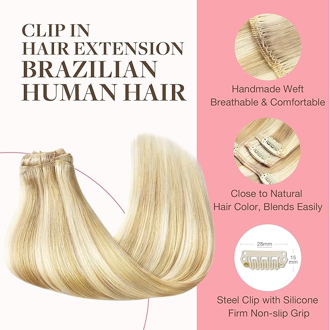 GOO GOO Clip in Hair Extensions Real Human Hair, Remy Human Hair Extensions Clip ins for Women, Natural Human Hair, 16inch 120g 7Pcs, 18D/22F Dirty Blonde Highlights
