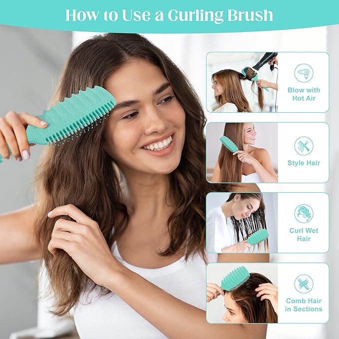 Curly Hair Brush for Detangling, Shaping and Defining Curls, Waves & Coils on All Light Wet or Dry Hair Types for Women and Men, Reduce Tangling, Curl Defining Brush, Cyan