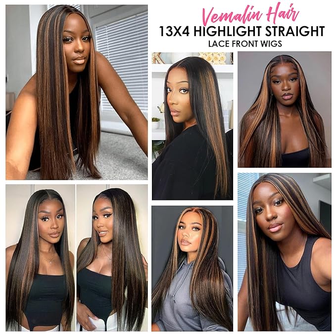 32 Inch Highlight Ombre Lace Front Wig Human Hair Straight Wigs Human Hair 13x4 Pre Plucked 1B/30 Black with Brown Highlight Wig 200% Density Colored Glueless Wigs for Women