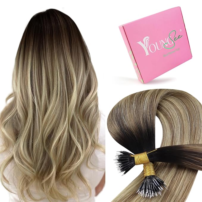 YoungSee Nano Hair Extensions Real Human Hair Balayage Darkest Brown with Blonde Invisible Nano Beads Hair Extensions for Women Nano Extension Remy Hair Ombre Cold Fusion 16inch 50g/50s