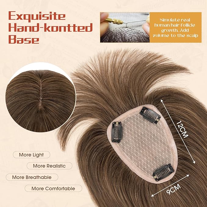 Rich Choices Human Hair Toppers for Women-100% Real Remy Hair Topper with 3D 360°Bang-Upgraded 150% Density 9 * 12CM Lace Base-Clip in Hairs topper for Thinning Hairs-14Inch #2 Dark Brown