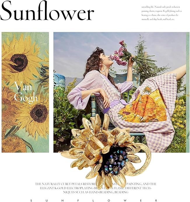 Sunflower Brooch pin with hand beading, She's Free Style Just For You Flower Oil Dropping Brooches for women, Metal Plating Process Safety pins with Nail Bead Crystal