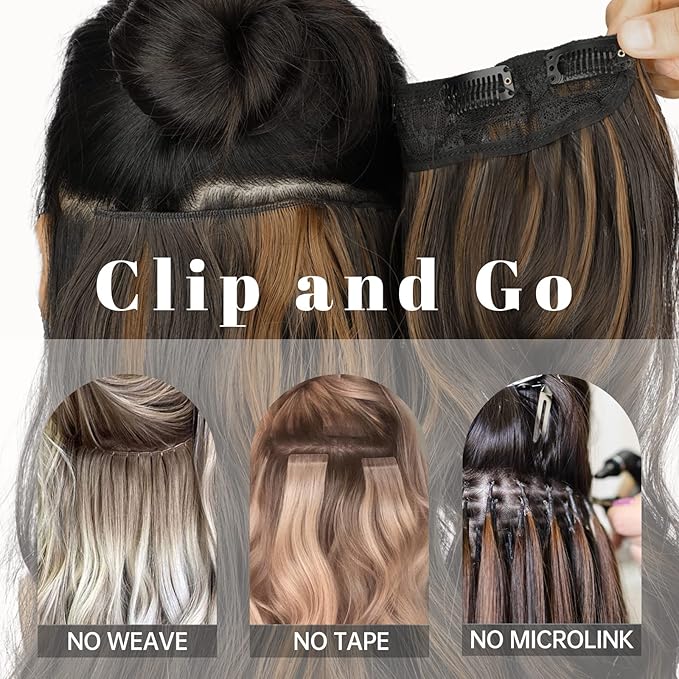 KooKaStyle Clip in Synthetic Hair Extensions Long Wavy 4PCS Thick Hairpieces Light Brown mix Golden Blonde Fiber Double Weft Natural Hair Extensions 24 Inch for Women