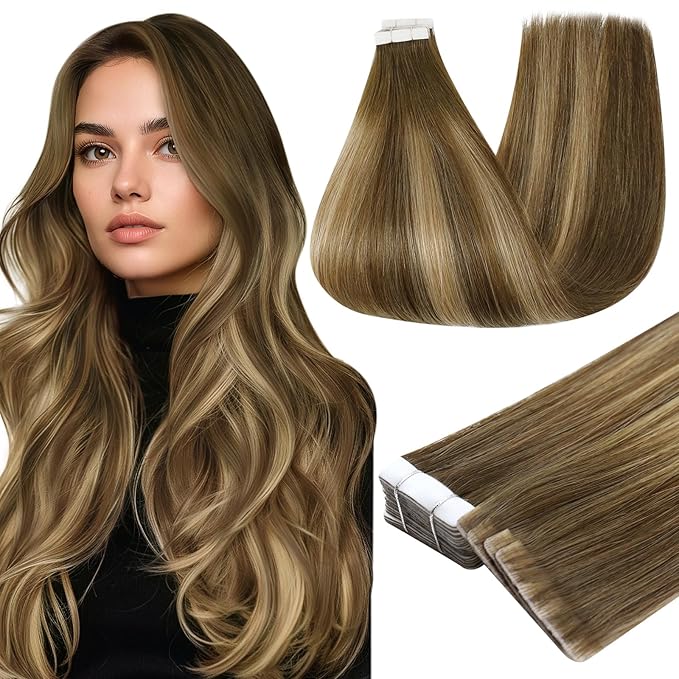 Full Shine Invisible Seamless Tape in Hair Extensions Real Human Hair 22 Inch Color 4/24/4 Brown Fading to Blonde and Brown Insert Remy Silky Injection Tape in Extensions 20 Pcs 50 Grams Add Length