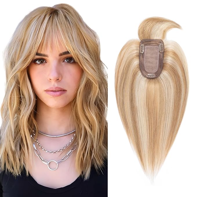 SEGO Hair Toppers for Women Real Human Hair with Thinning Hair, Hair Pieces Clip in Toppers Straight Hair Pieces with Front Bangs -8 Inch #12/613 Golden Brown Mix Bleach Blonde