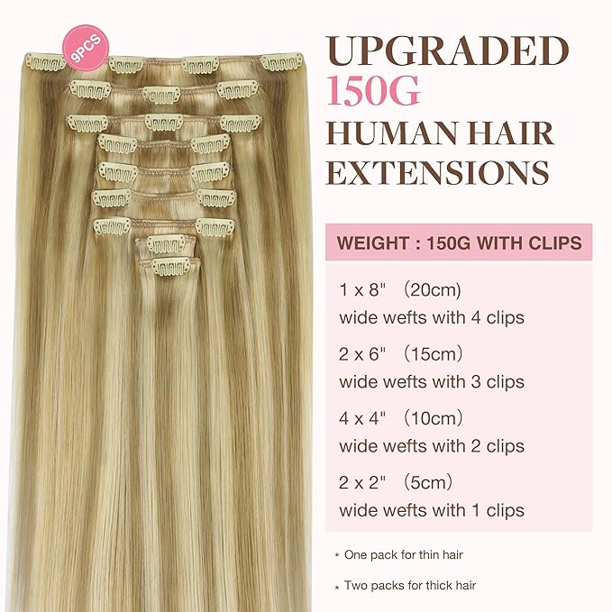 GOO GOO Clip in Hair Extensions Real Human Hair, Remy Human Hair Extensions Clip ins for Women, Natural Human Hair, 18inch 150g 9Pcs, 16/22 Light Blonde Highlighted Golden Blonde